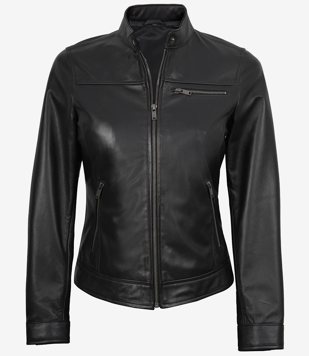 Women's Black Cafe Racer Real Leather Jacket