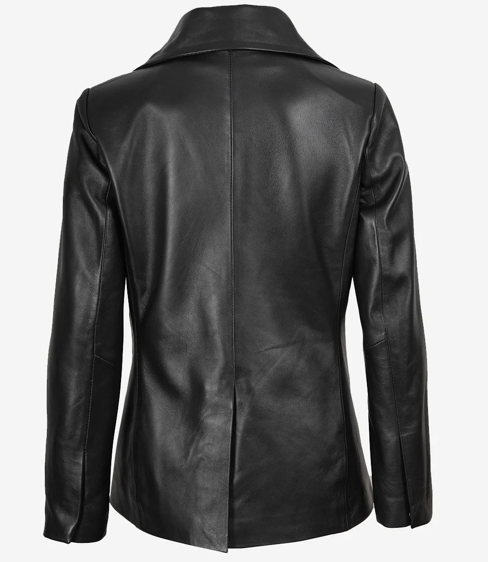 Women Black Double Breasted Leather Blazer Jacket