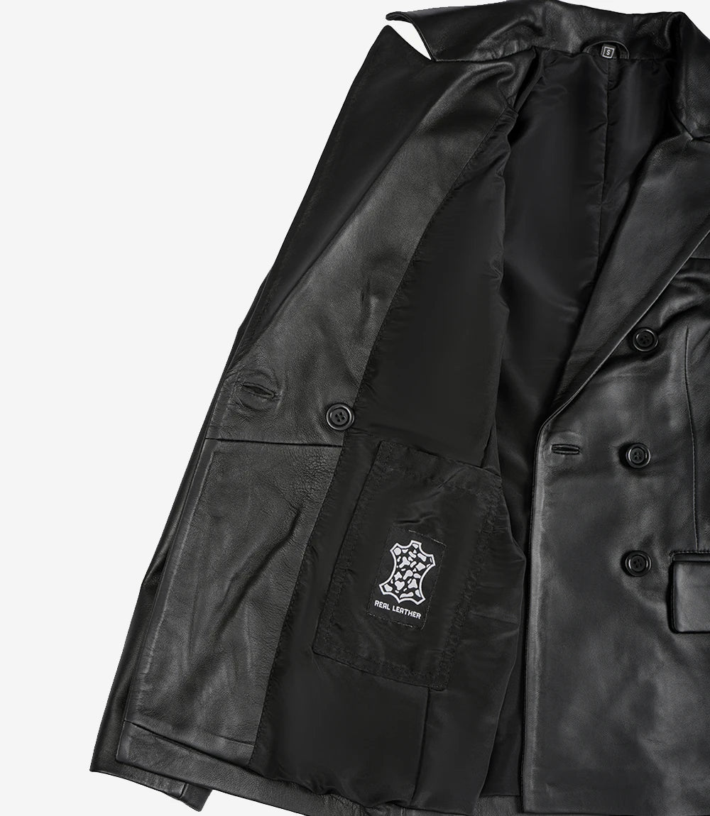 Women Black Double Breasted Leather Blazer Jacket