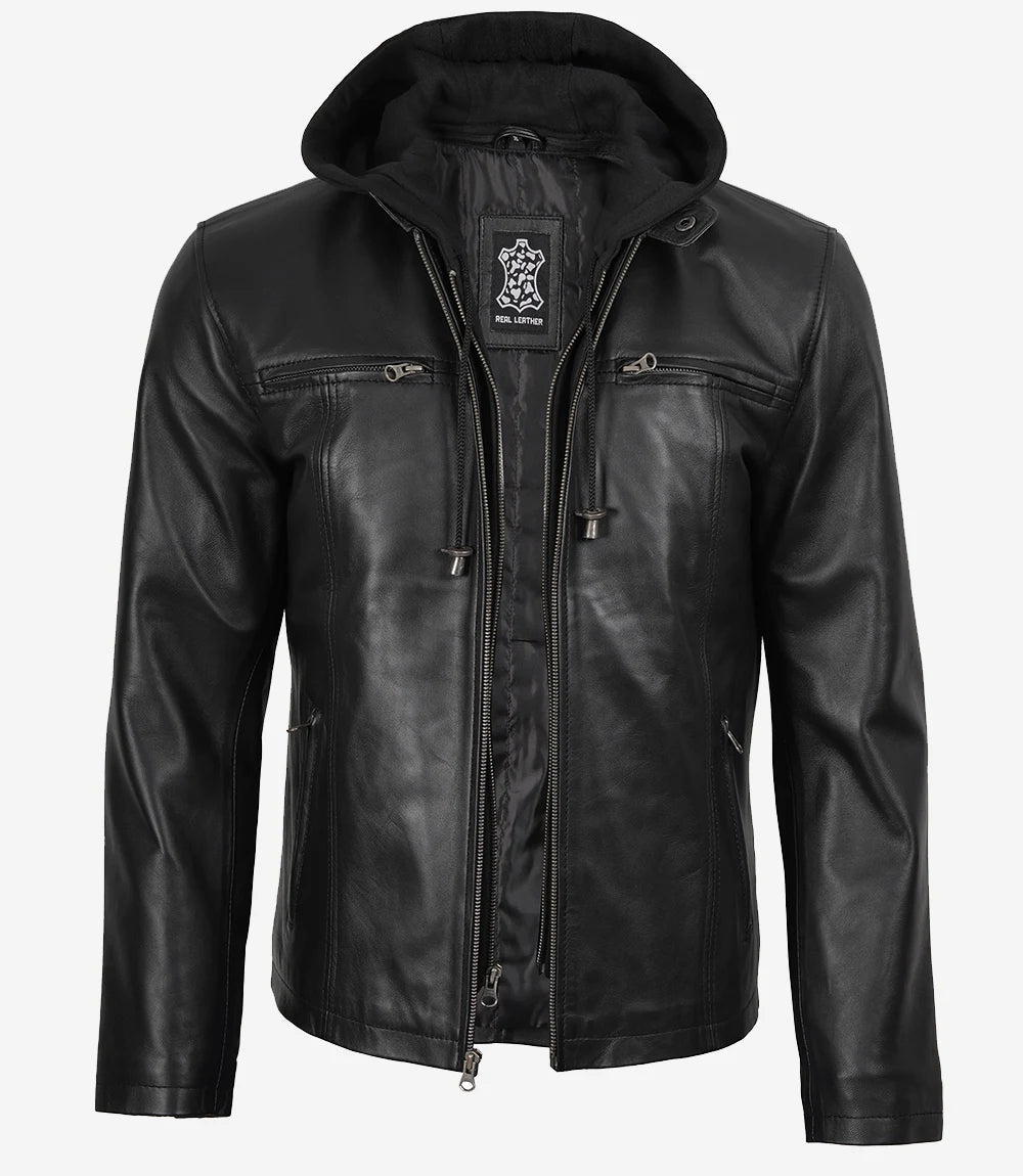 Men's Black Cafe Racer Leather Jacket with Removable Hood