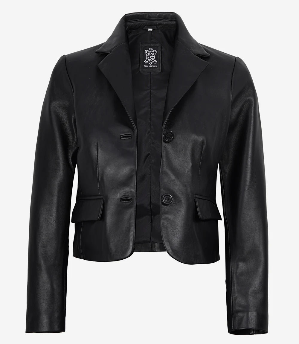Women's Black Two Button Leather Cropped Jacket - Short Blazer Style