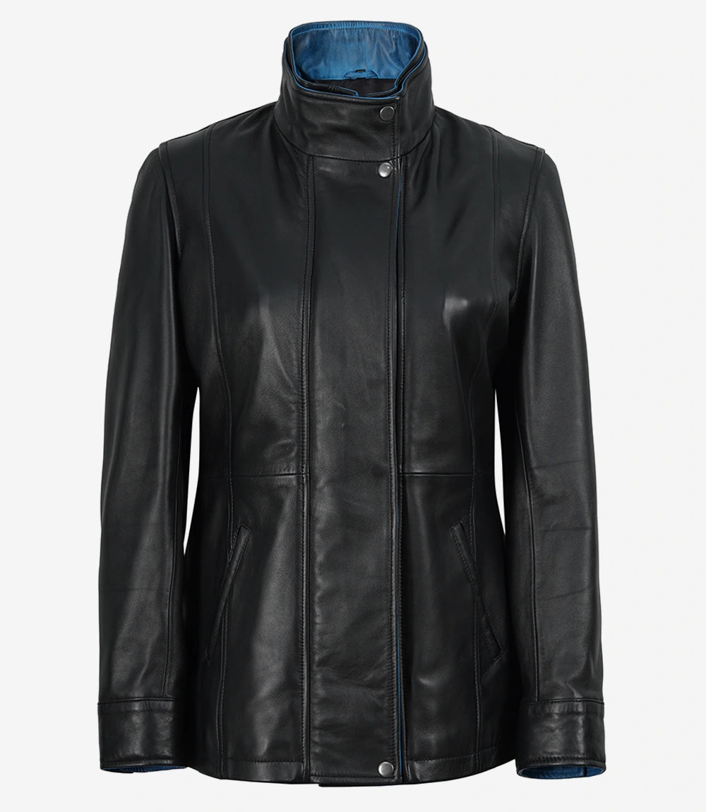 Women's Black Leather Jacket with Blue Inner Lapel