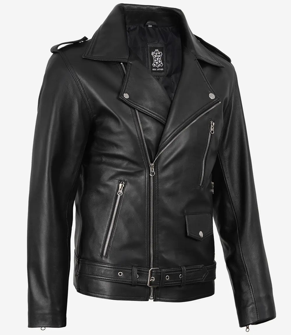 Men's Black Belted Biker Leather Jacket
