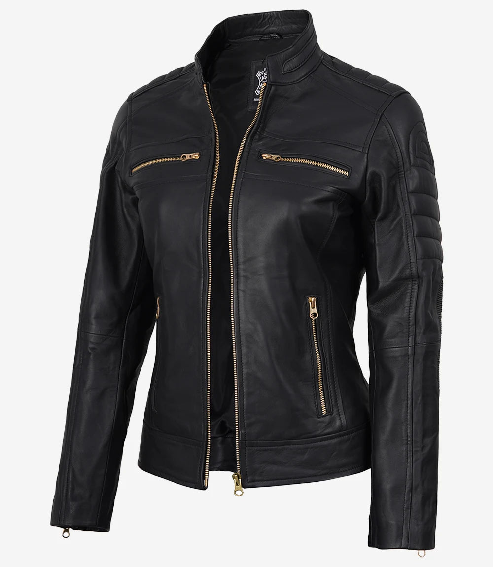 Women's Black Biker Style Leather Jacket - Golden Hardware