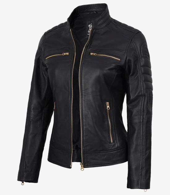 Women's Black Biker Style Leather Jacket - Golden Hardware