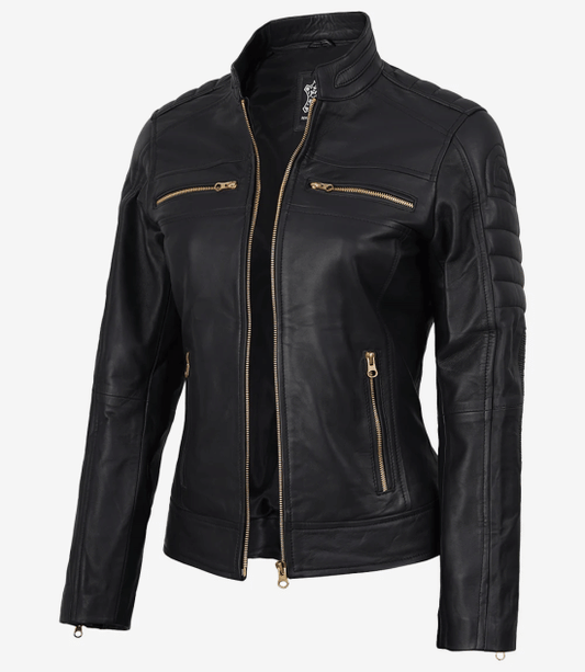 Women's Black Biker Style Leather Jacket - Golden Hardware