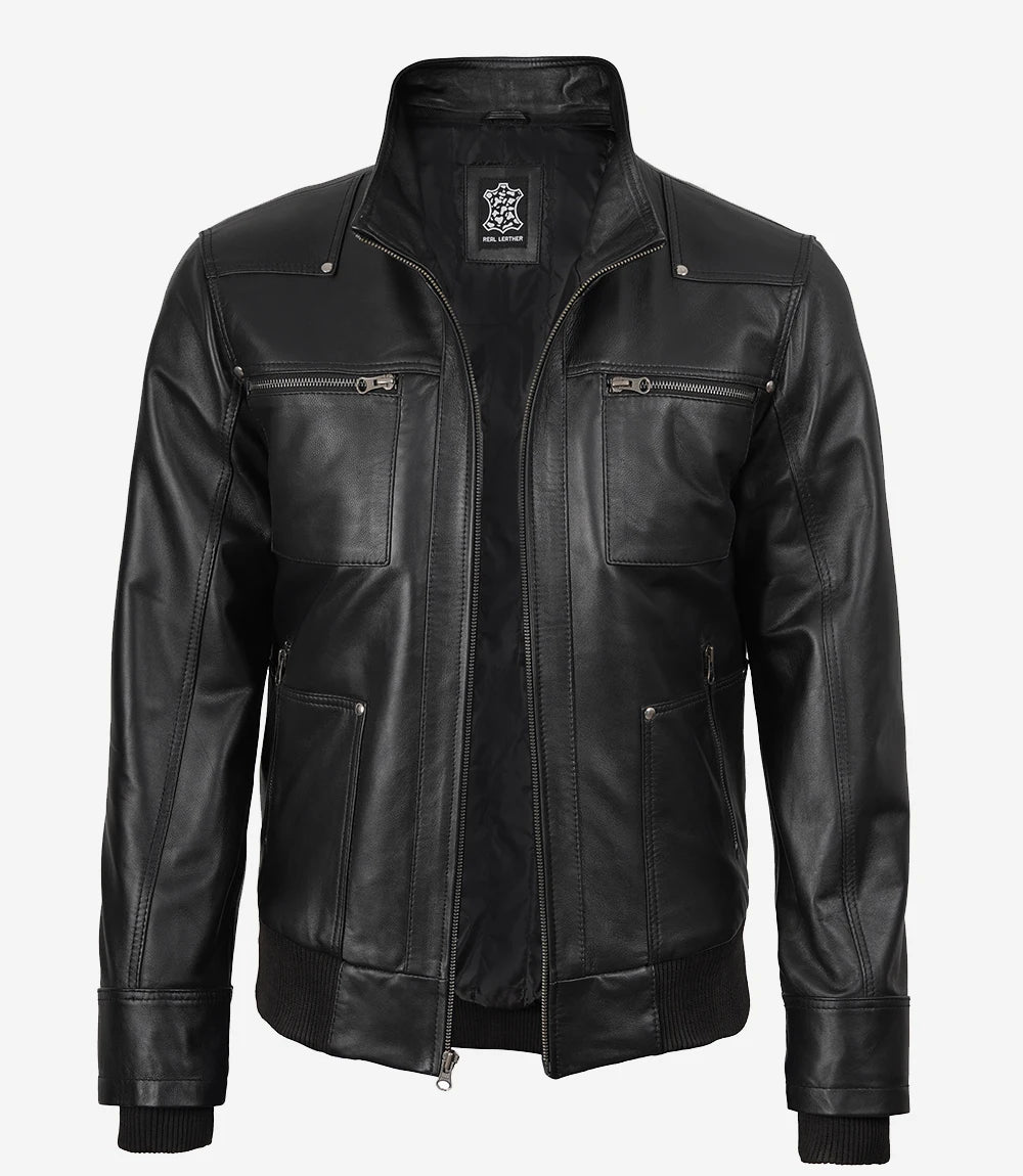 Men's Black Real Leather Jacket With Removable Hood
