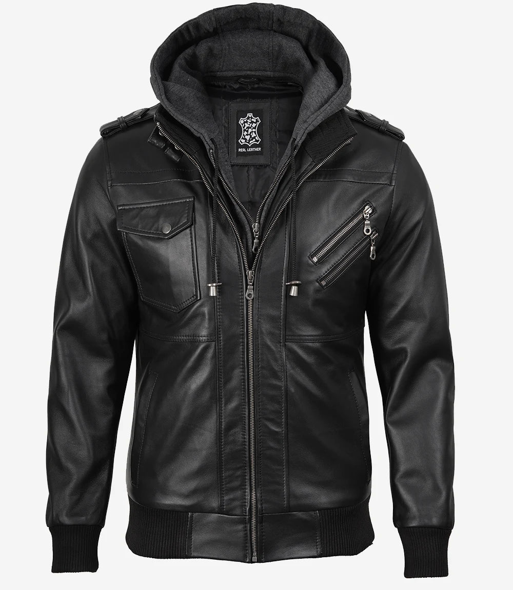 Black Bomber Men's Leather Jacket — with Removable Hood