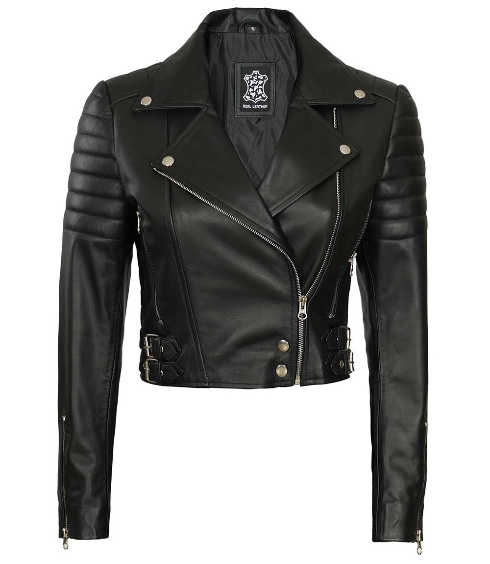 Women's Asymmetrical Black Cropped Leather Moto Jacket