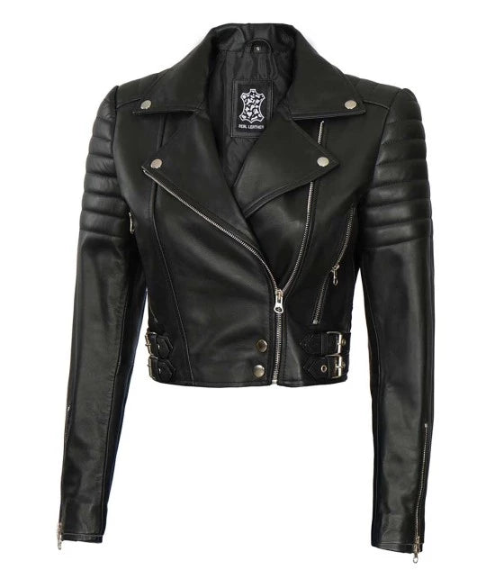 Women's Asymmetrical Black Cropped Leather Moto Jacket