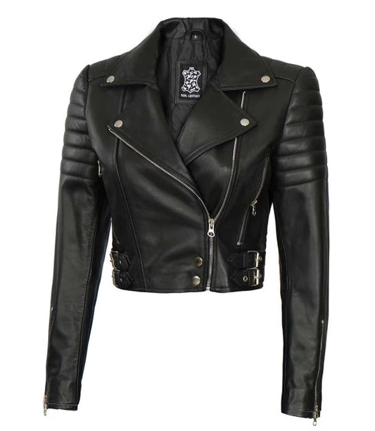 Women's Asymmetrical Black Cropped Leather Moto Jacket