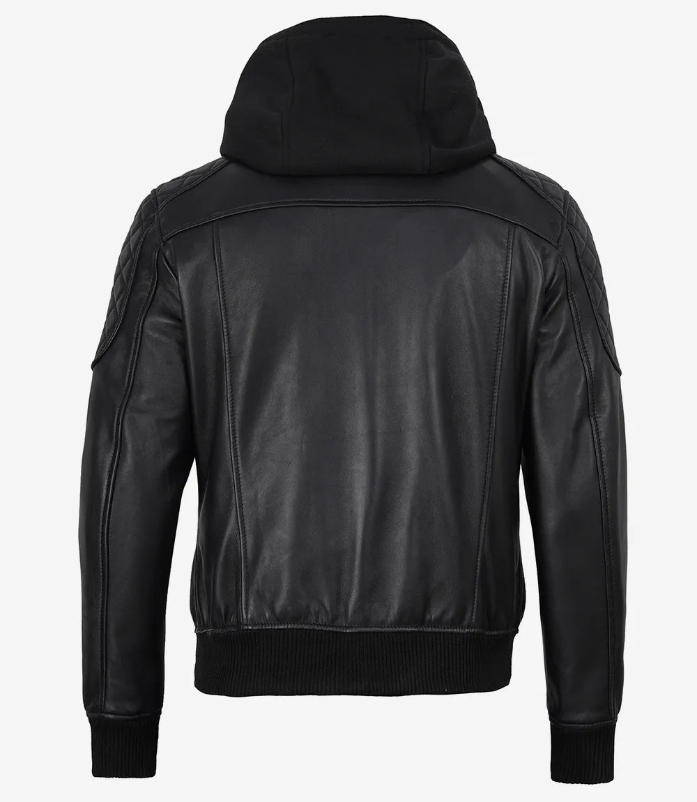 Men's Black Hooded Leather Bomber Jacket with Quilted Shoulders