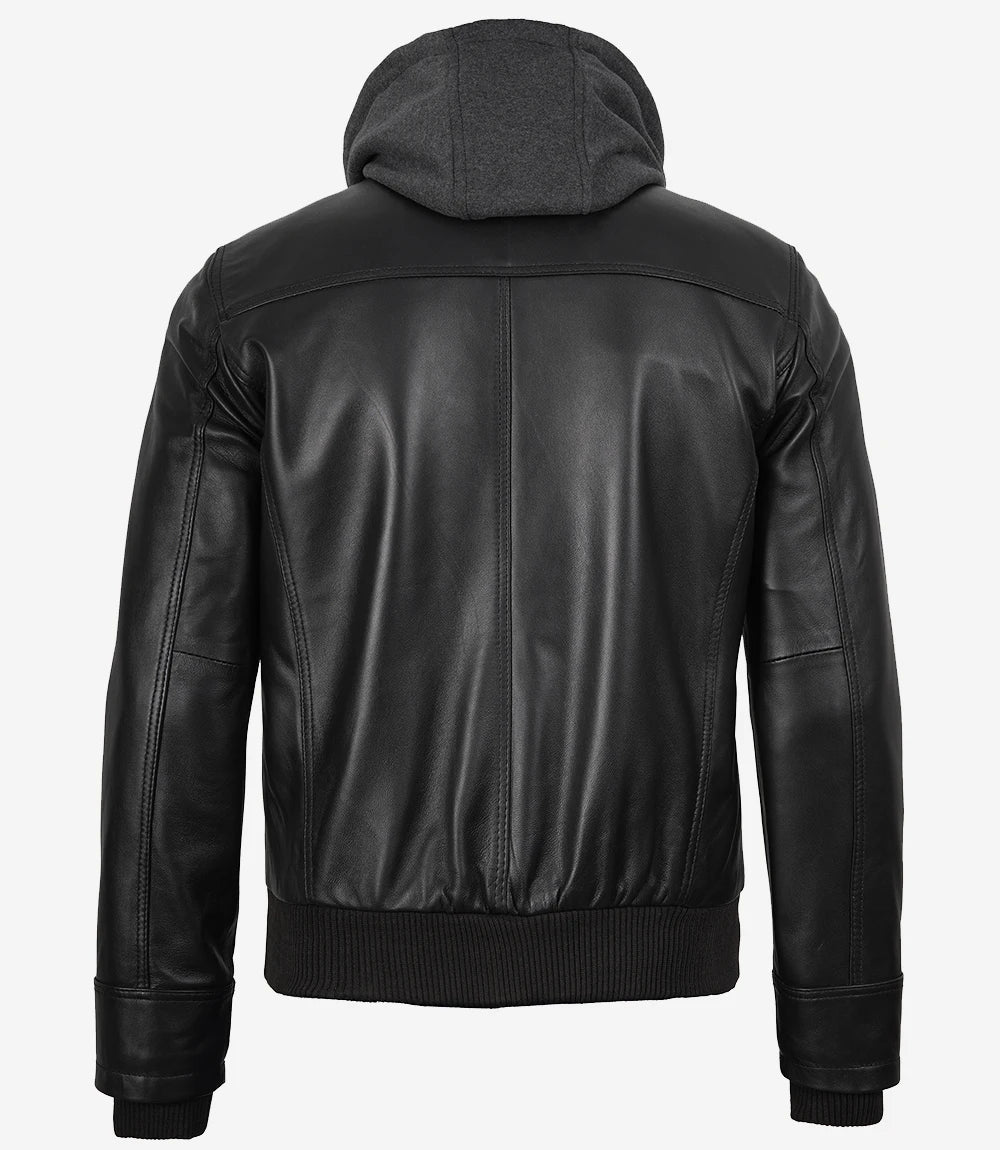 Men's Black Real Leather Jacket With Removable Hood