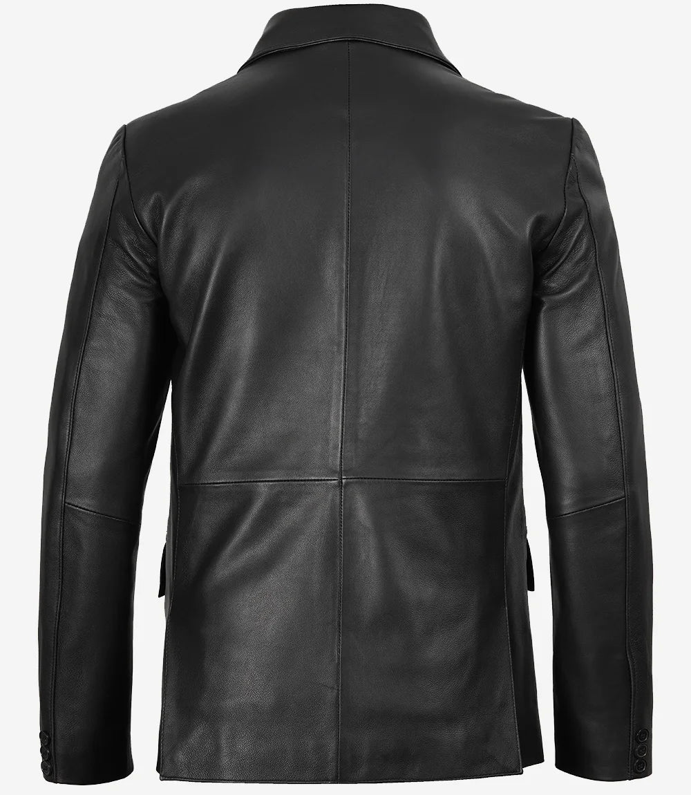 Men's Notch Lapel Two Button Black Leather Blazer Jacket