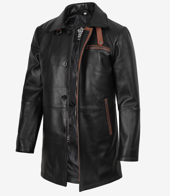 Men Black Real Leather 3/4 Length Car Coat