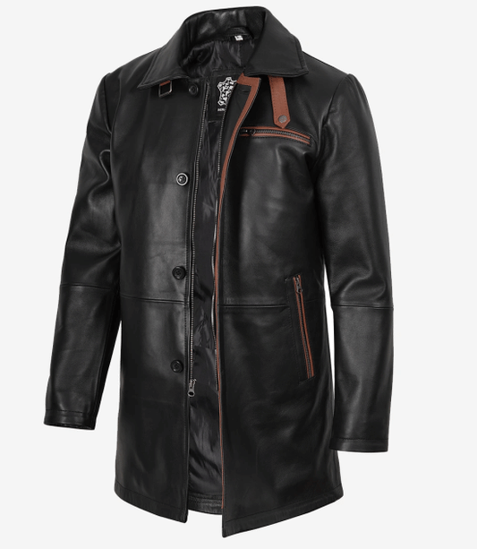 Men Black Real Leather 3/4 Length Car Coat
