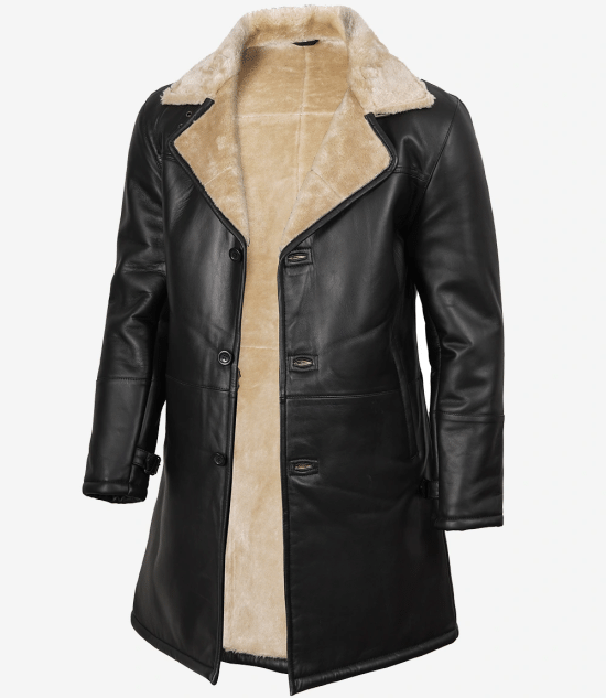 Men Black Leather Shearling Coat with Beige Faux Shearling