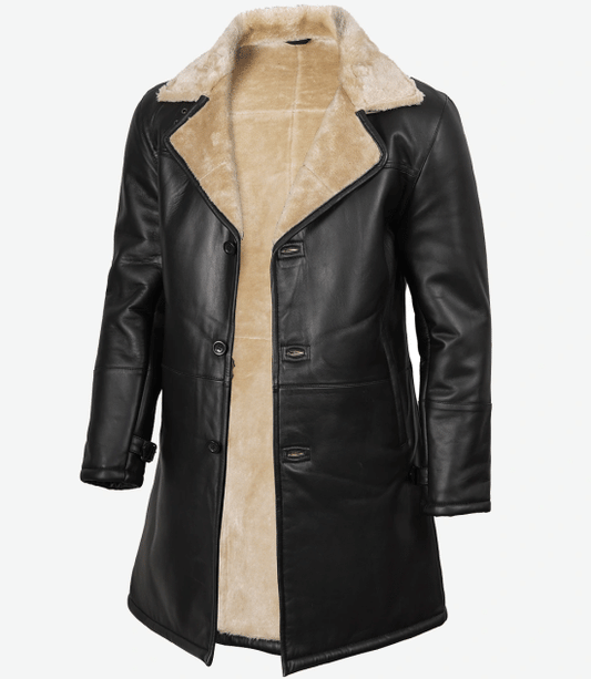 Men Black Leather Shearling Coat with Beige Faux Shearling