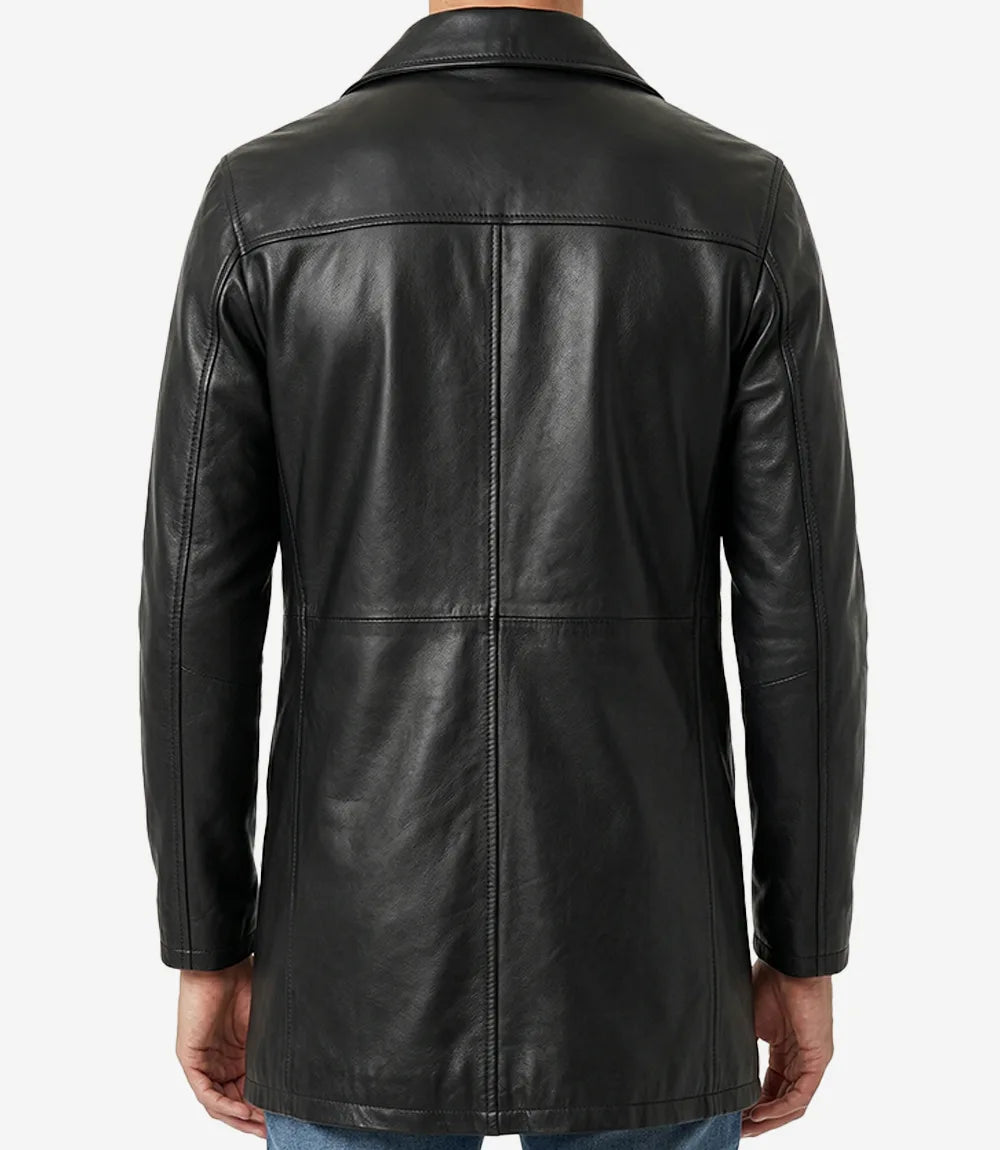 Men's Black Lambskin Leather Car Coat — 3/4 Length