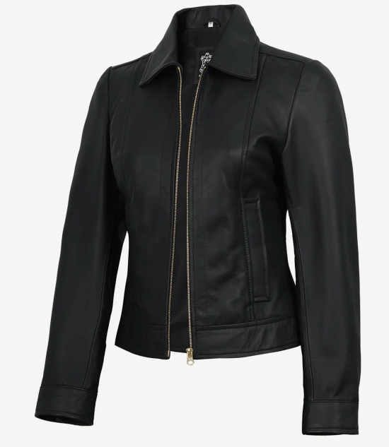 Women's Black Harrington Leather Jacket – Golden Accents