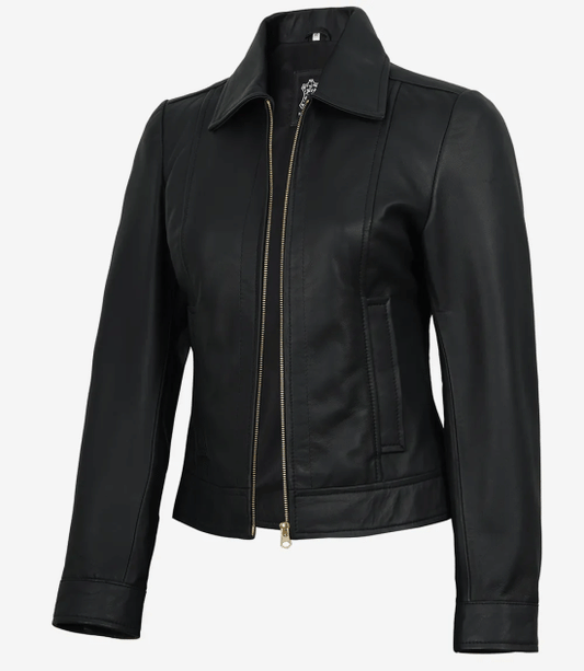 Women's Black Harrington Leather Jacket – Golden Accents