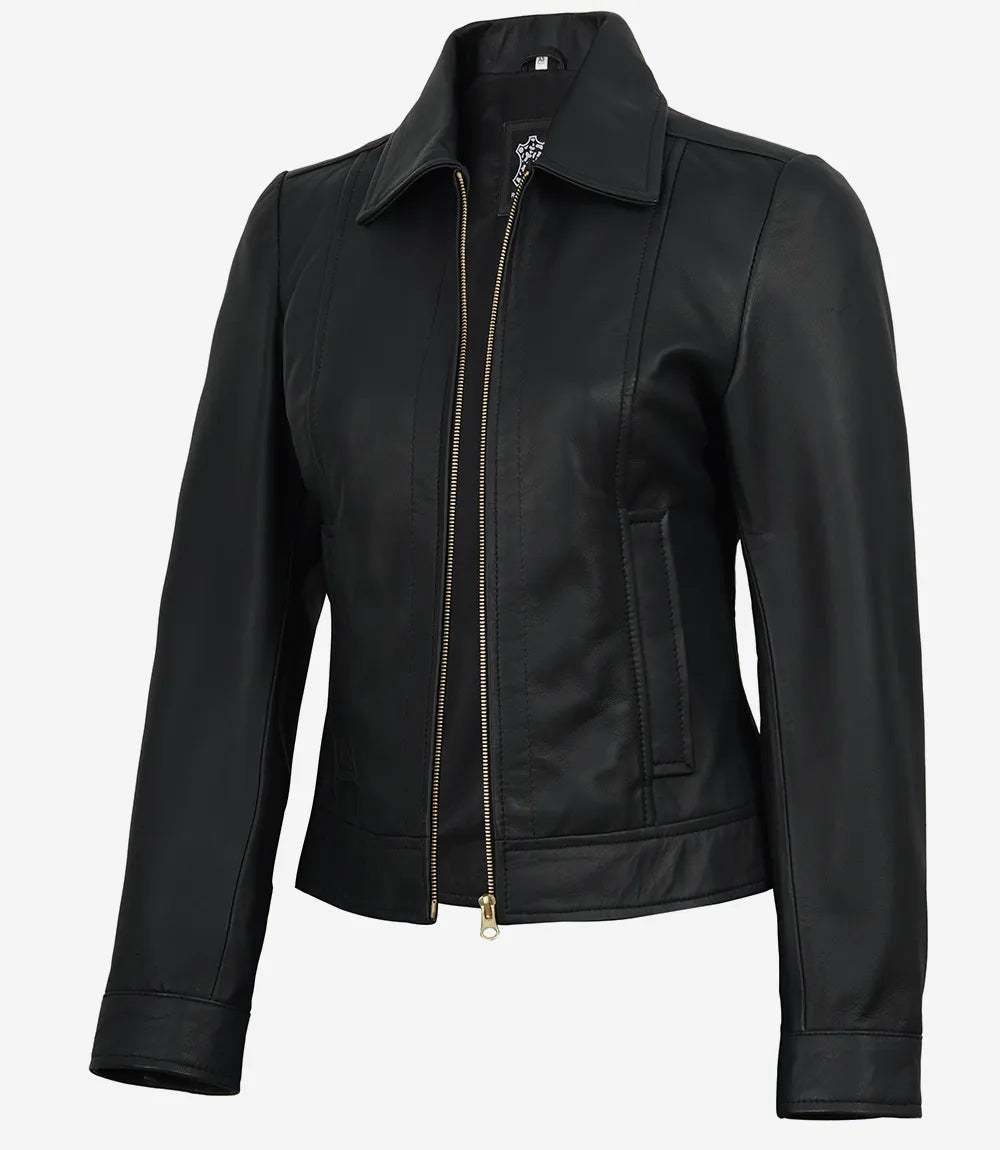 Women's Black Harrington Leather Jacket – Golden Accents