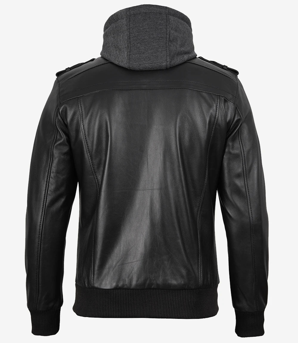 Black Bomber Men's Leather Jacket — with Removable Hood