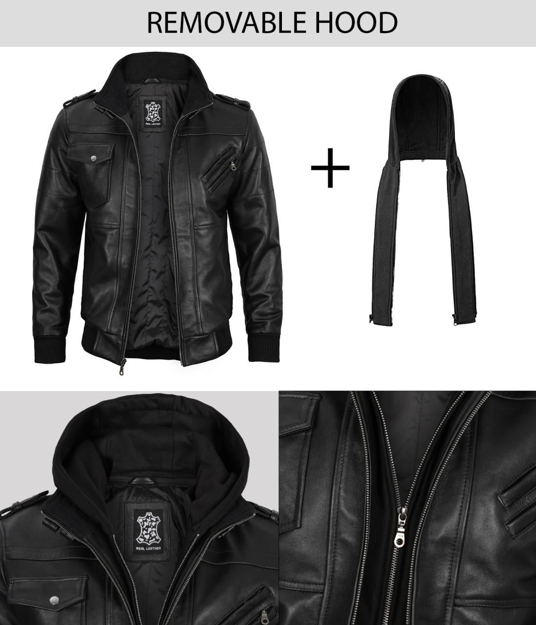 Men's Black Leather Jacket with Removable Hoodie