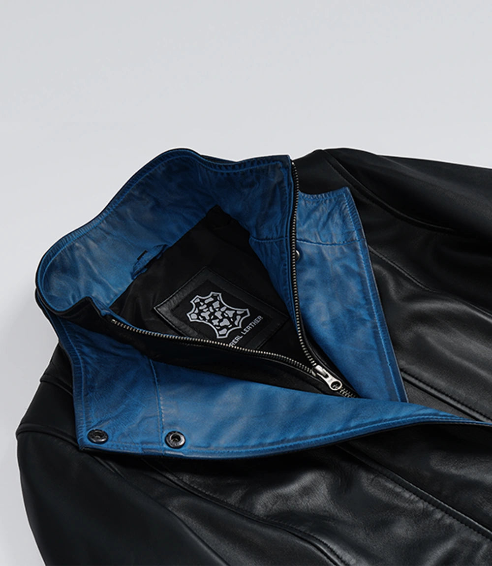 Women's Black Leather Jacket with Blue Inner Lapel