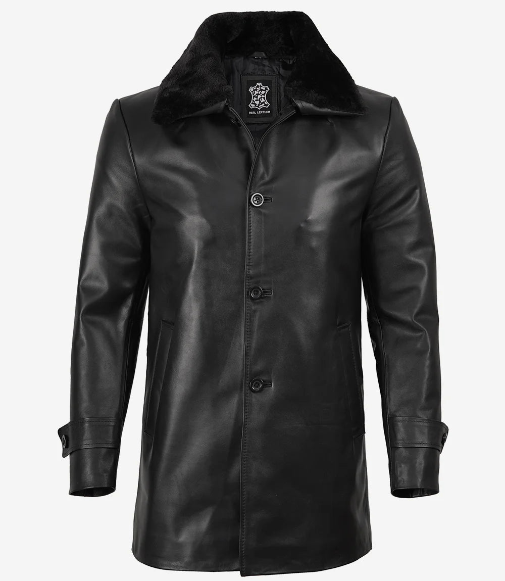 Men's Black Cowhide Leather Coat With Shearling Collar - Winter Style