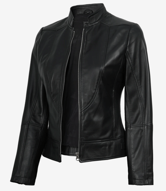 Women's Black Cafe Racer Leather Jacket
