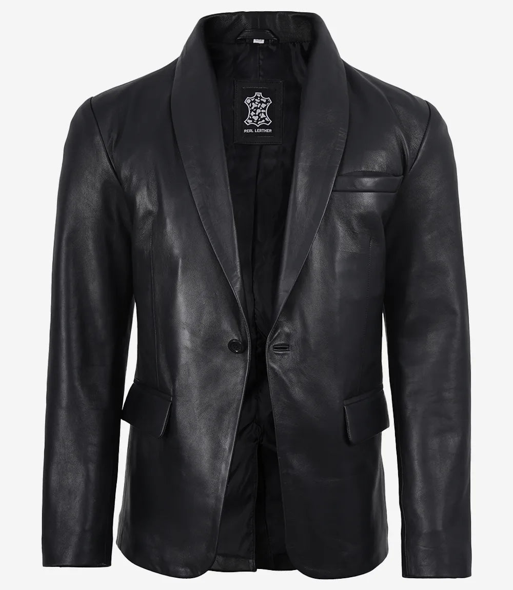 Men's Black Lambskin Leather Blazer Shawl Lapel - Single Button