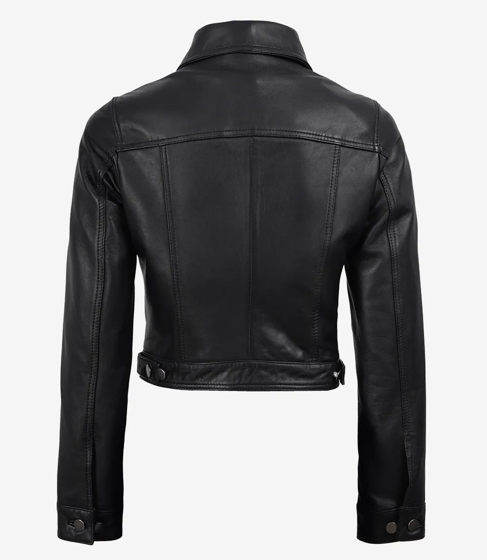 Women's Black Lambskin Leather Cropped Harrington Jacket