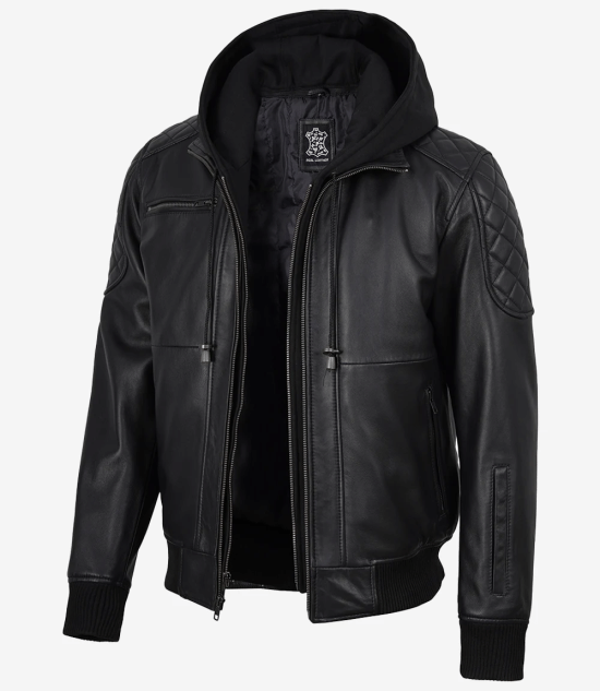 Men's Black Hooded Leather Bomber Jacket with Quilted Shoulders