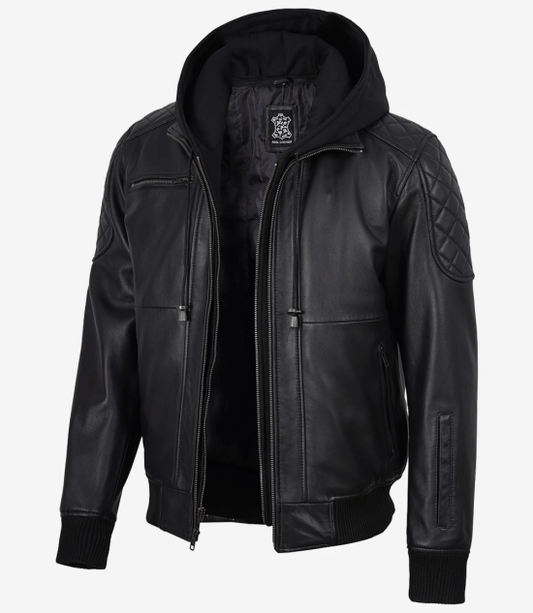 Men's Black Hooded Leather Bomber Jacket with Quilted Shoulders