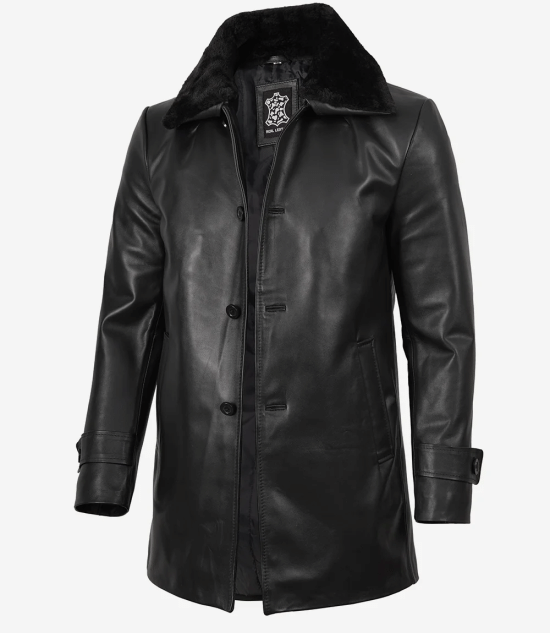 Men's Black Cowhide Leather Coat With Shearling Collar - Winter Style