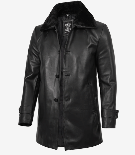Men's Black Cowhide Leather Coat With Shearling Collar - Winter Style