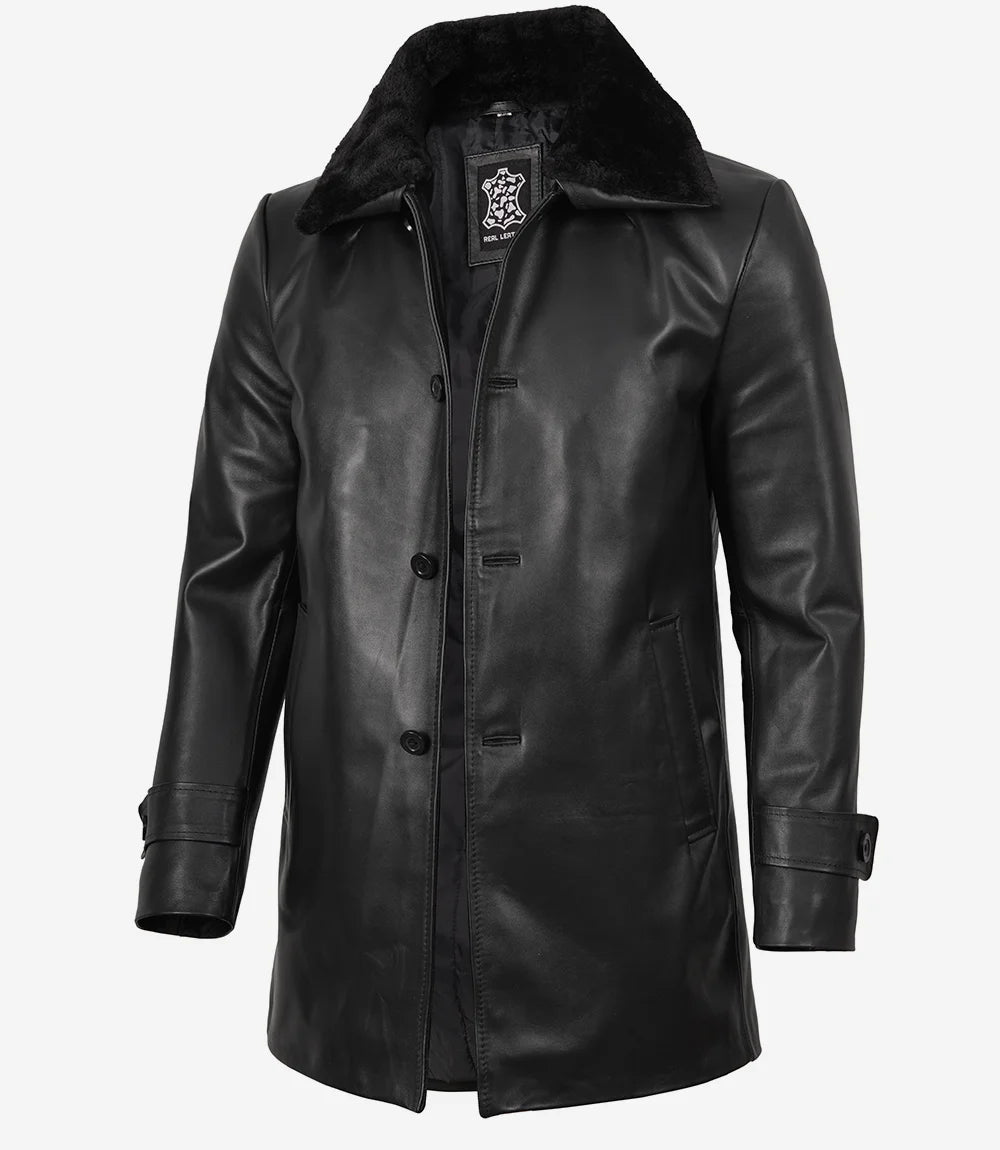 Men's Black Cowhide Leather Coat With Shearling Collar - Winter Style
