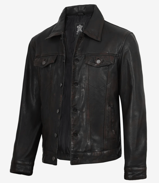 Men's Maroon Distressed Black Washed Leather Jacket - Trucker Style
