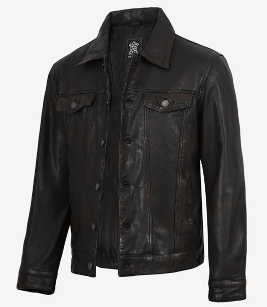 Men's Maroon Distressed Black Washed Leather Jacket - Trucker Style