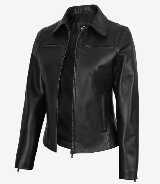 Women's Black Harrington Style Real Leather Jacket