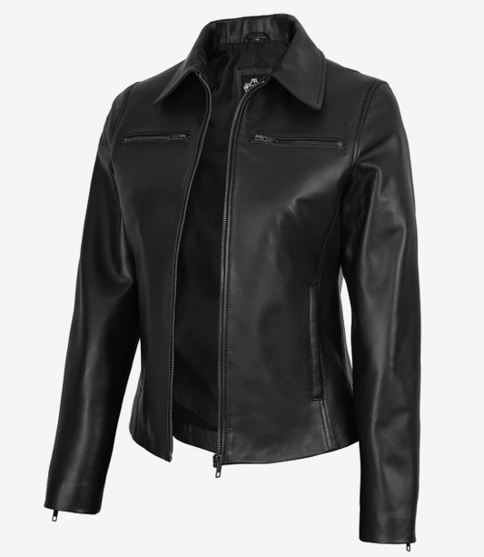 Women's Black Harrington Style Real Leather Jacket