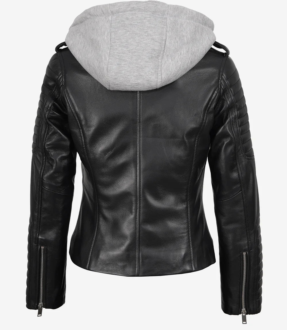 Women Black Biker Real Leather Jacket — Removable Hood