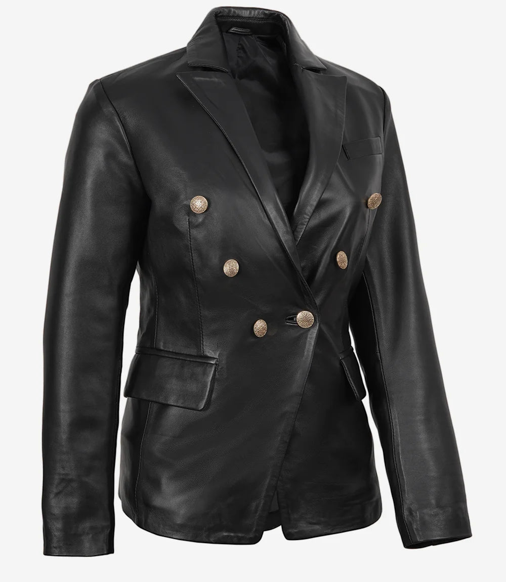 Women Black Double Breasted Leather Blazer