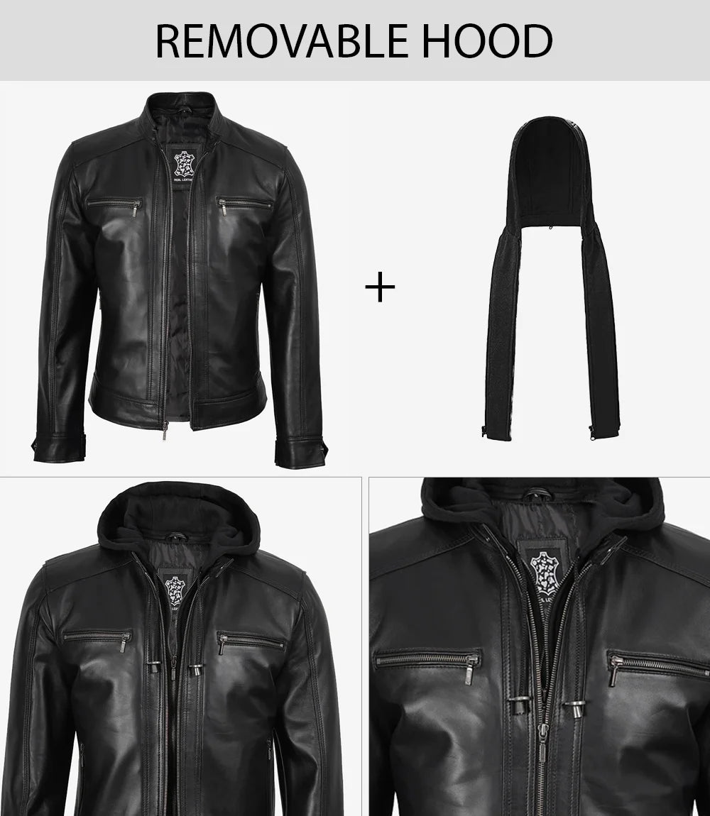 Men Black Leather Racer Jacket with Removable Hoodie