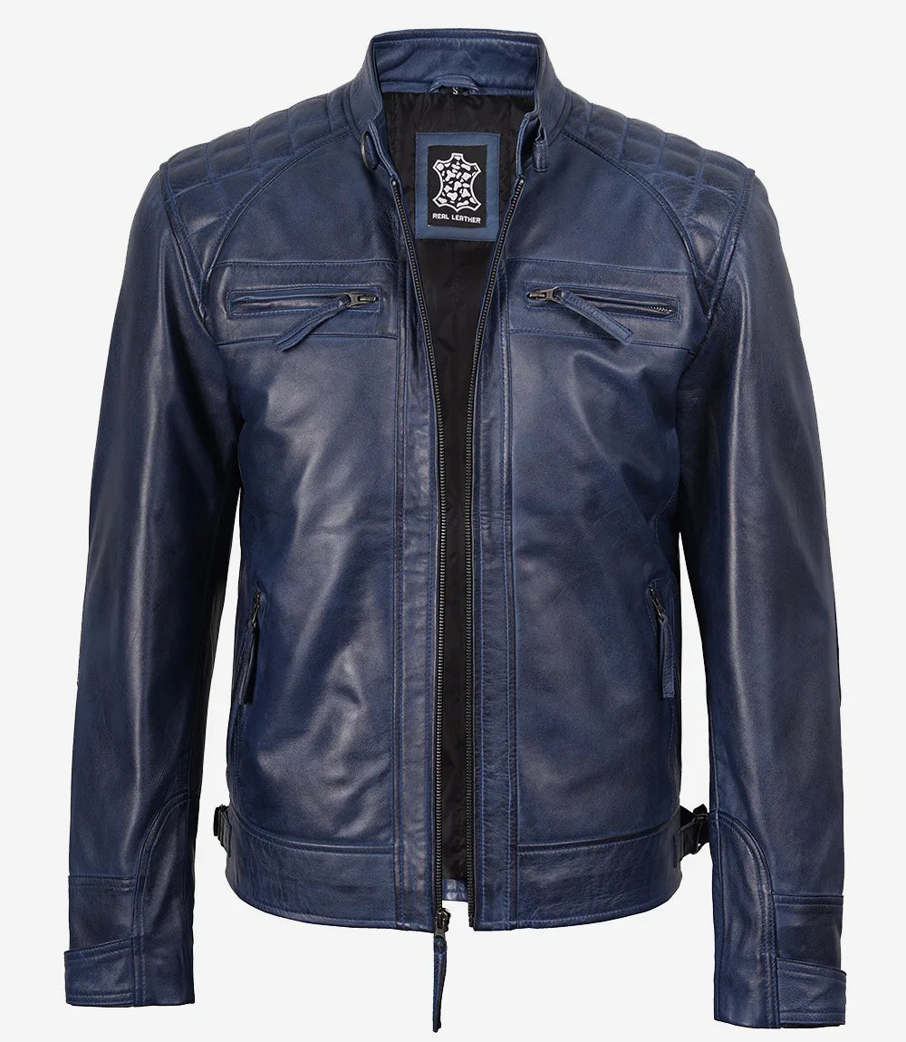Men's Leather Blue Cafe Racer Biker Fashion Jacket