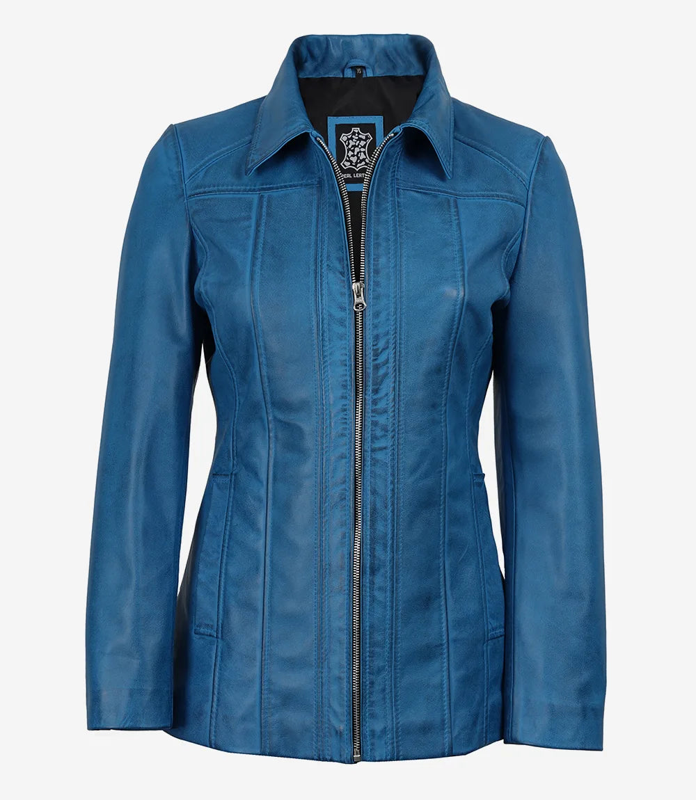 Women's Blue 3/4 Length Real Lambskin Leather Car Coat