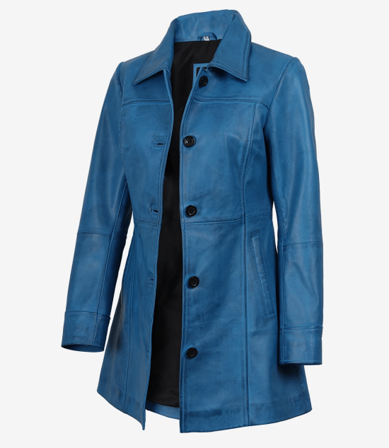 Womens 3/4 Length Blue Lambskin Leather Coat