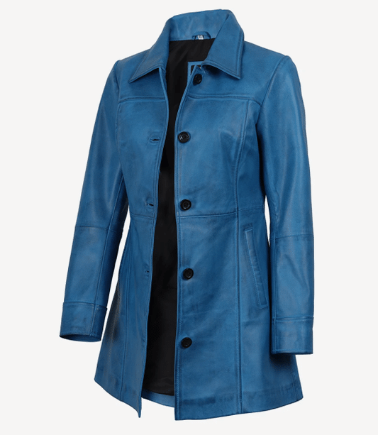 Womens 3/4 Length Blue Lambskin Leather Coat
