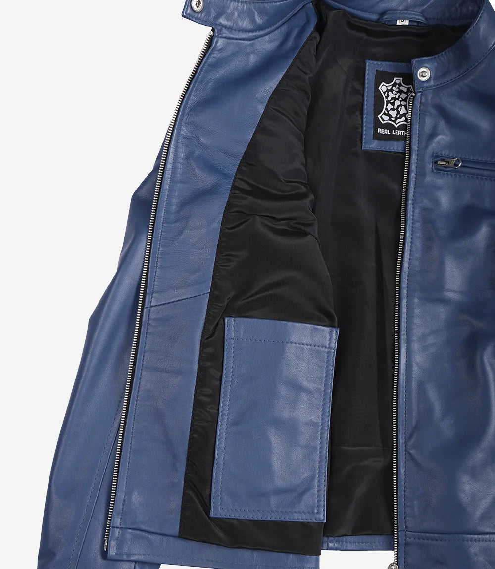 Women's Blue Cafe Racer Leather Jacket